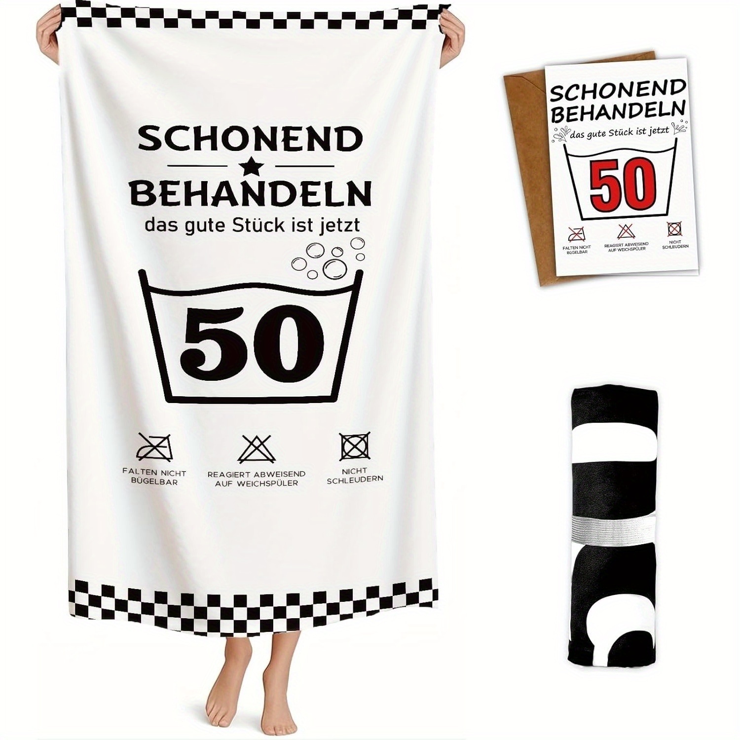 Image of Lustige Geschenk 30 40 50 60 Geburtstag Mann Frau - 160 X 80cm Mikrofaser Handtuch & Strandtuch Mit Geburtstagskarte 50 - Schonend Behandeln 50. Geburtstagsgeschenk