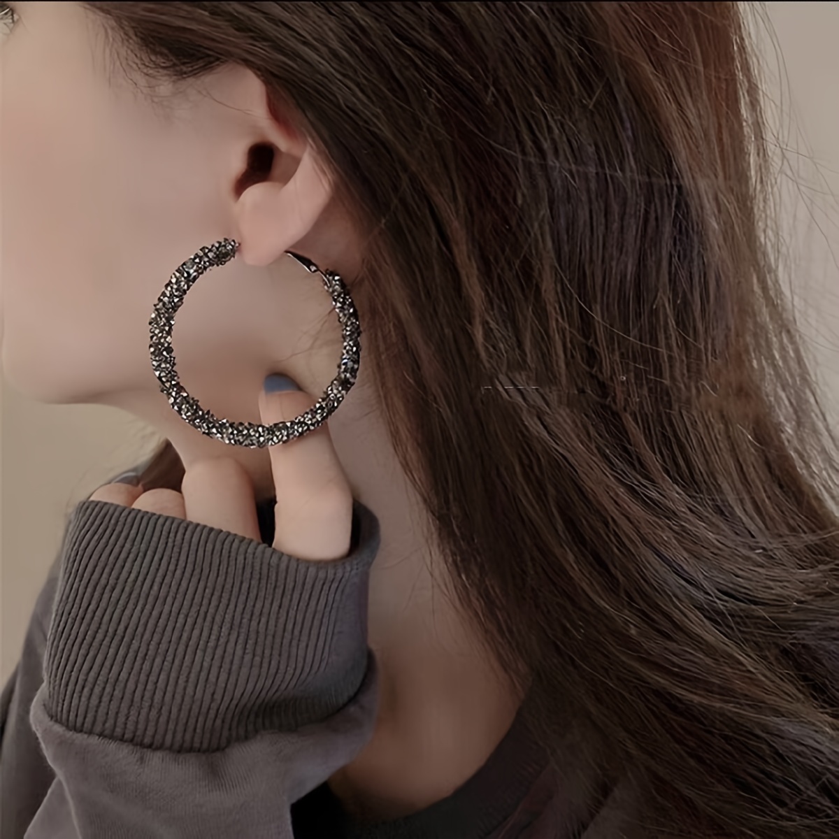 

Bohemian Full Rhinestone Large Hoop Earrings, Stylish And Chic Circle Drop Ear Accessories For Women, Statement Earrings