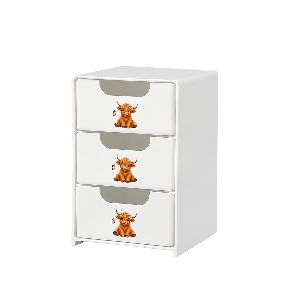 TEMU Storage Boxes, Cute Highland For Cow Drawer Storage Organizer, 3-drawer Mini Plastic Desktop Organizer, Farmhouse Animal Print, Compact Storage