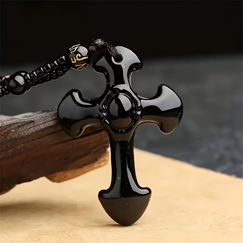 Image of Women' Obsidian Cross Pendant Necklace - Bohemian Amulet Jewelry With Chain, For Daily Wear, Valentine' Gift & Elegant Cross Necklace Suitable For Daily Wear &