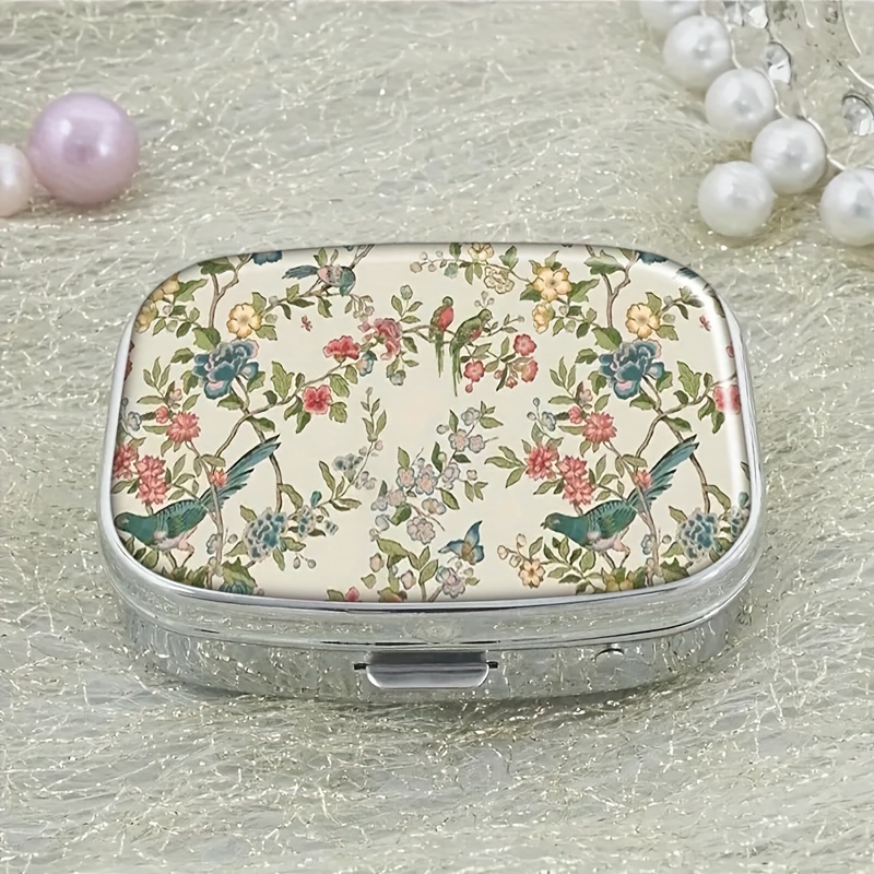 

Floral & Bird Pill Case - Compact 2-compartment Medicine Organizer, Purse Or Travel