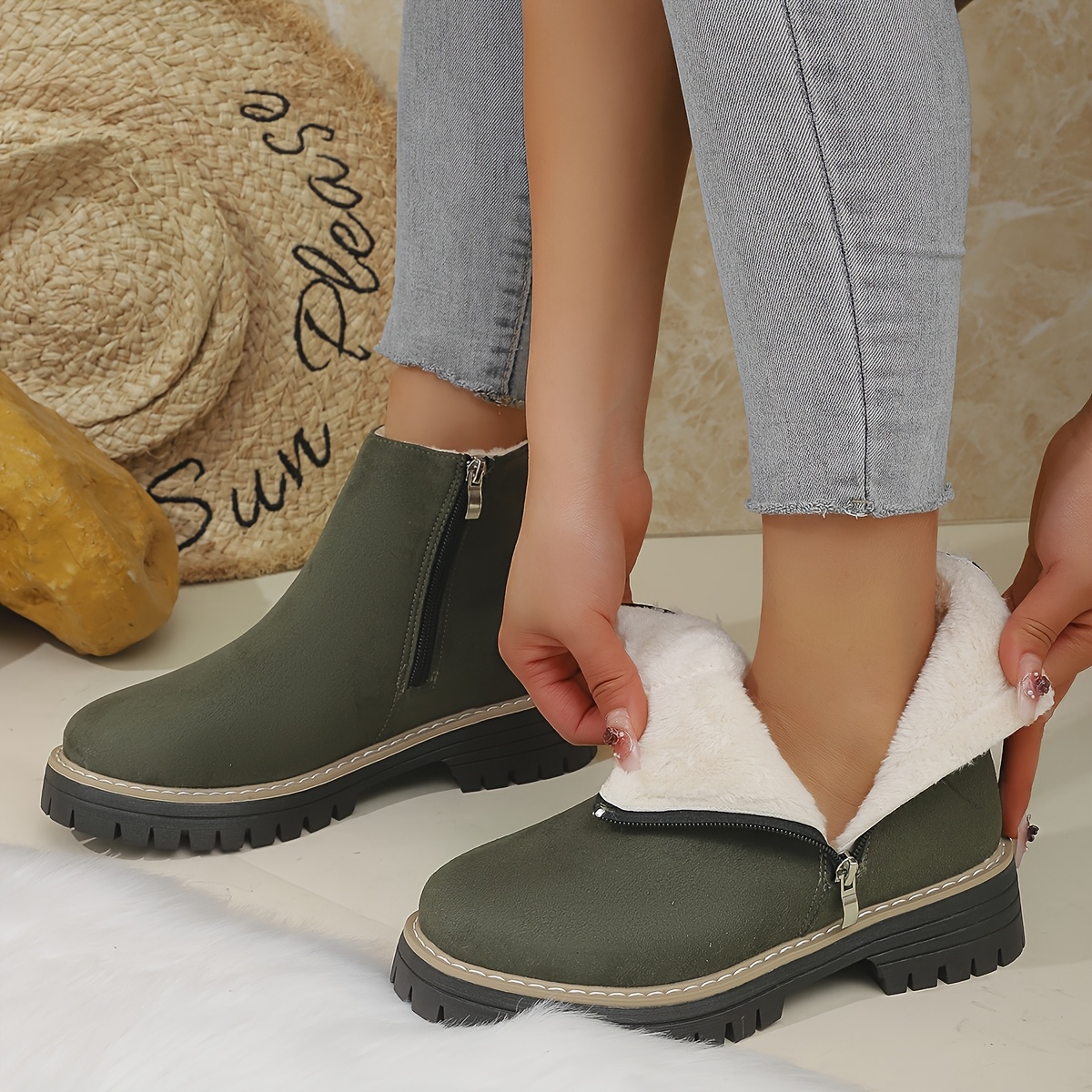 TEMU Autumn Winter Fleece Warm Side Zipper Chelsea Ankle Boots Women Black Olive Green Dual-tone Matte Thick Tooth Chunky Heel Work Boots Round Toe