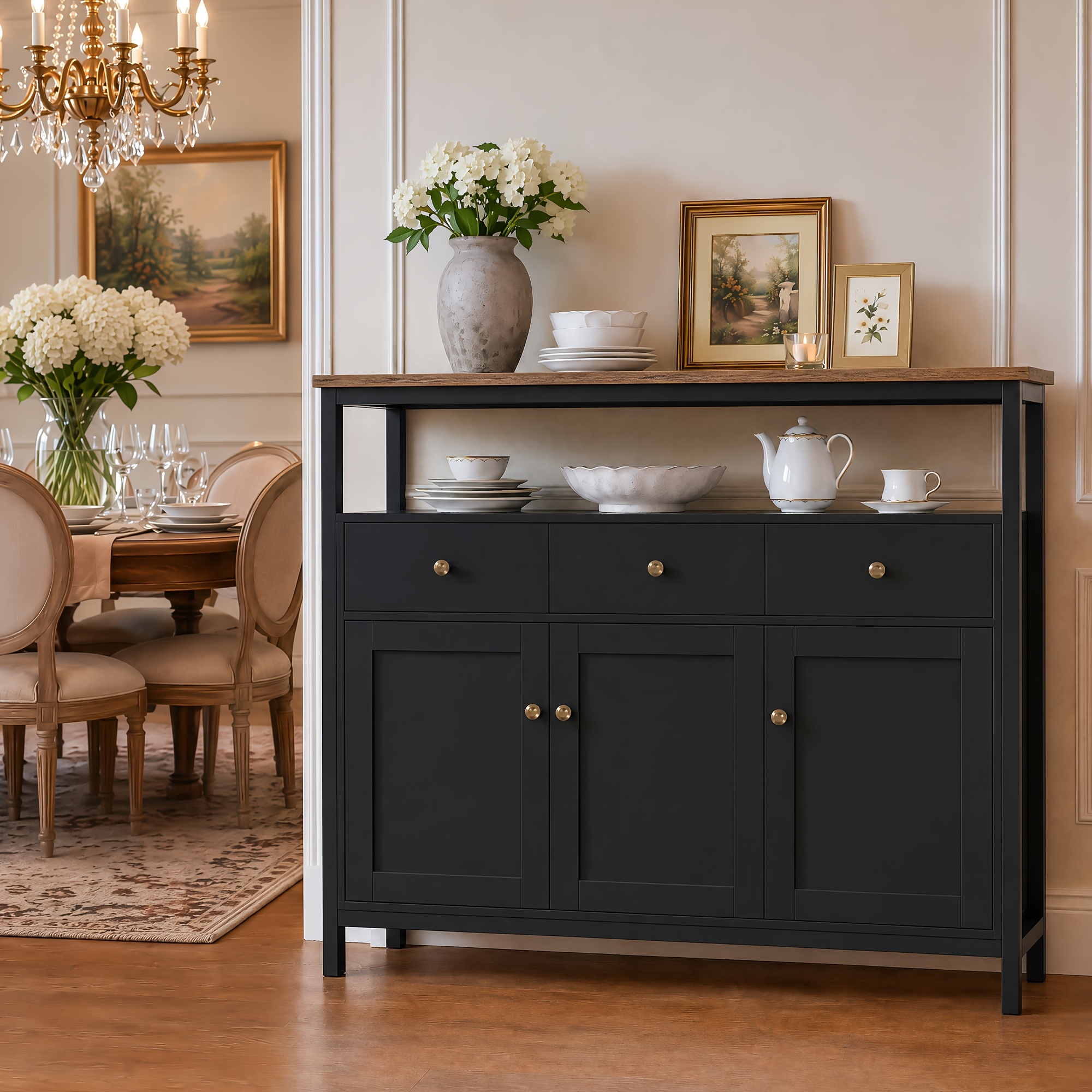 Kealive Modern -standing Cabinet With 3 Doors & 3 Drawers, Adjustable Shelves Suitable, Living Room Storage Furniture, Black Freestanding With Doors And Drawers, Space- For Small Spaces