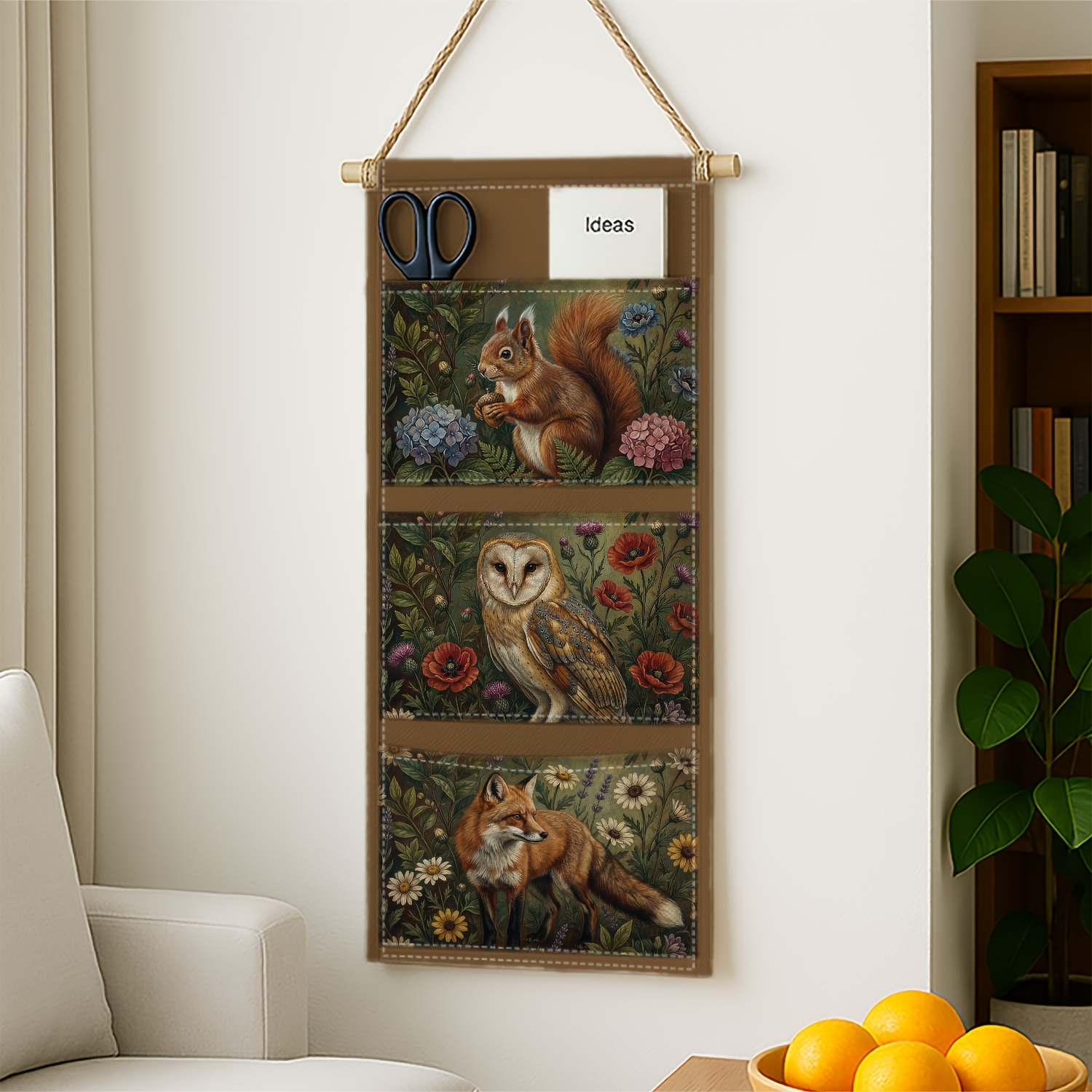 TEMU 1 pz Borsa portaoggetti da parete a 3 tasche con creature della foresta incantata, con , gufo e volpe in un design/ cio scuro, organizer a pi羅