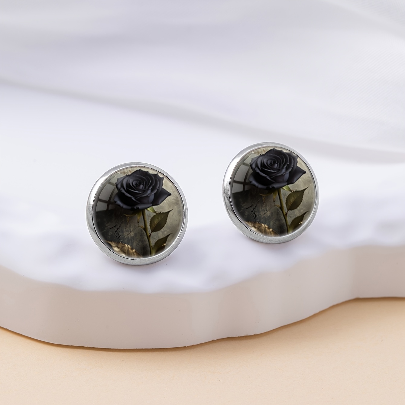 Dark Vintage Black Rose Pattern Round Stud Earrings, Gothic Style