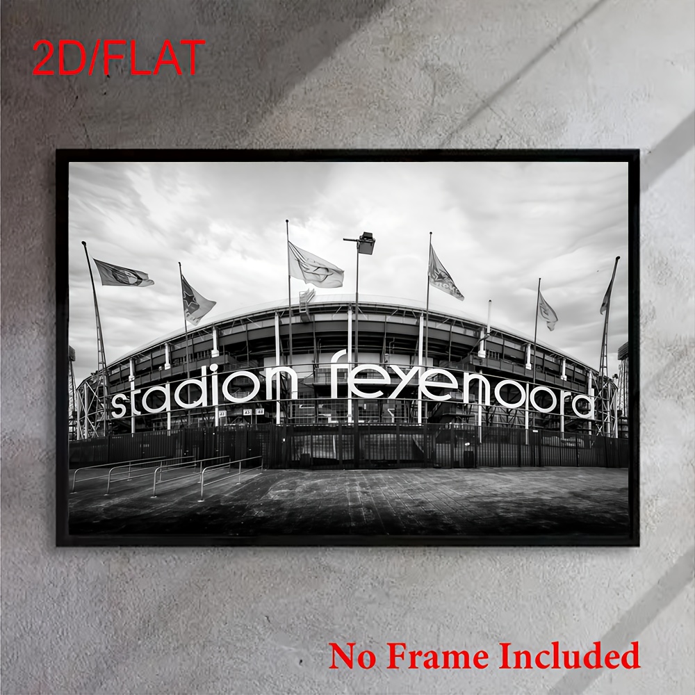 TEMU 2d Flat, 1pc Frameless Stadium Interior Wall Art - Modern Minimalist Soccer Decor Canvas Print, Black & White Dutch Stadium Poster (stadium Name