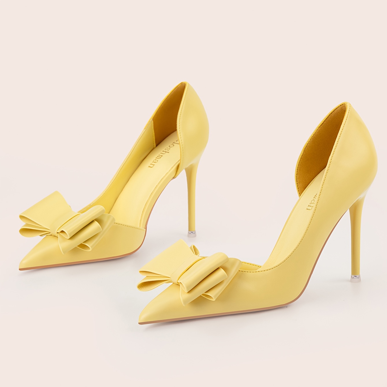 women's elegant pointed toe stiletto high heels with bow accent vibrant yellow synthetic cover ultra high heels, comfortable block heel & arch support for weddings, parties, casual attire all season women's fashion shoes