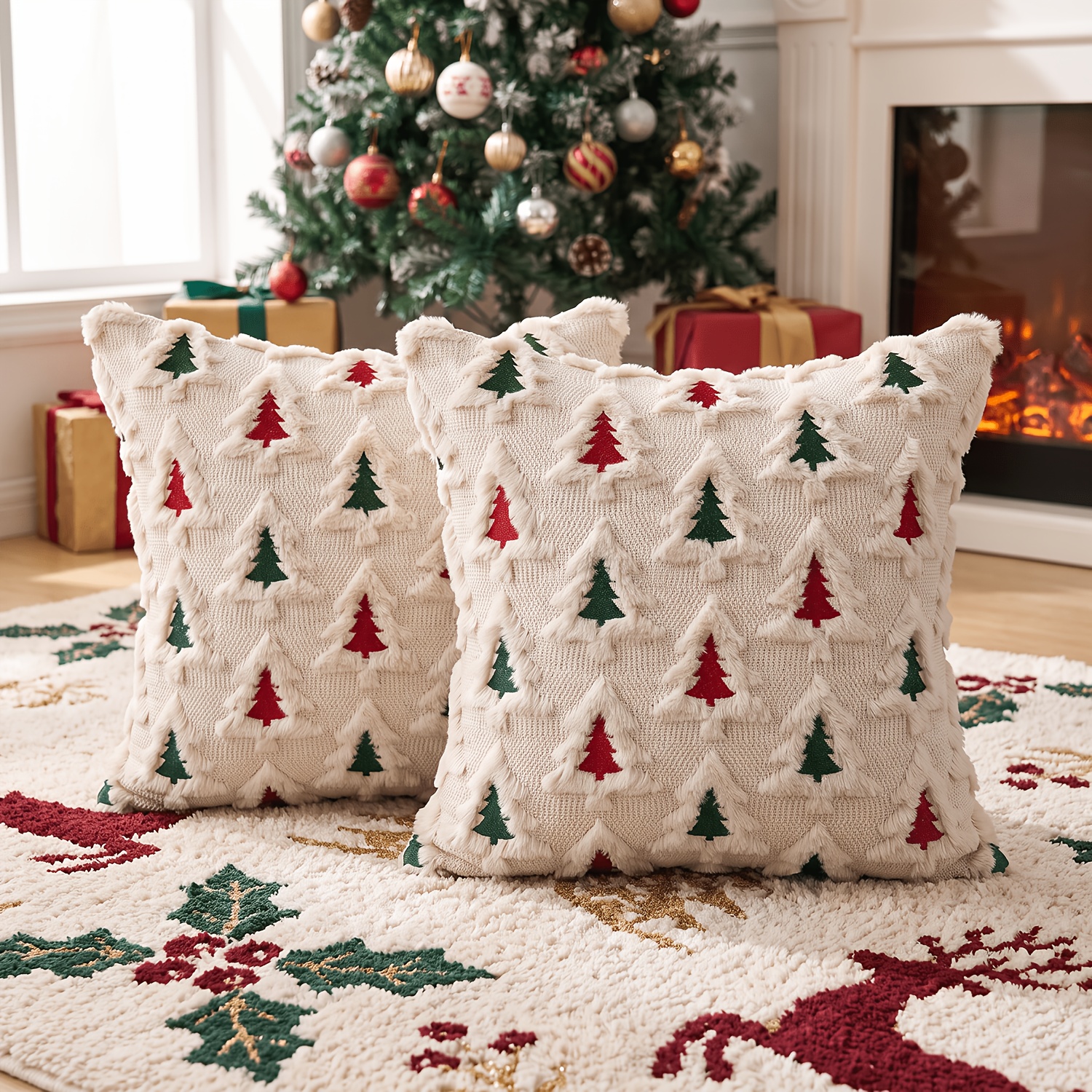 TEMU 2pcs Christmas Embroidered Cushion Covers 18x18 Inch, Premium Throw Pillow Cases With Santa And Christmas Tree Embroidery, Cozy Holiday Decor