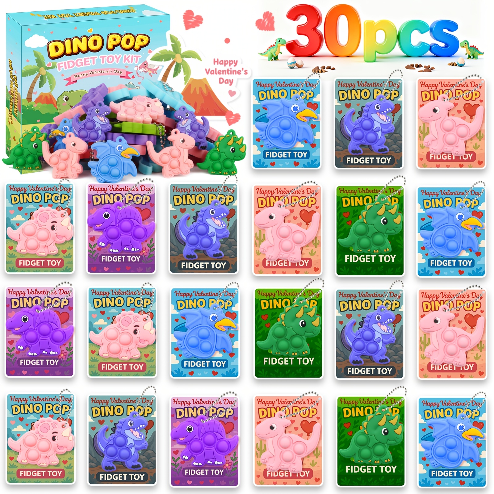 TEMU Lot de 30 mini jouets -stress à bulles Push Pop, pack de porte-clés jouets -stress dinosaures Pop, cadeaux d' en classe, remplissages pour sacs