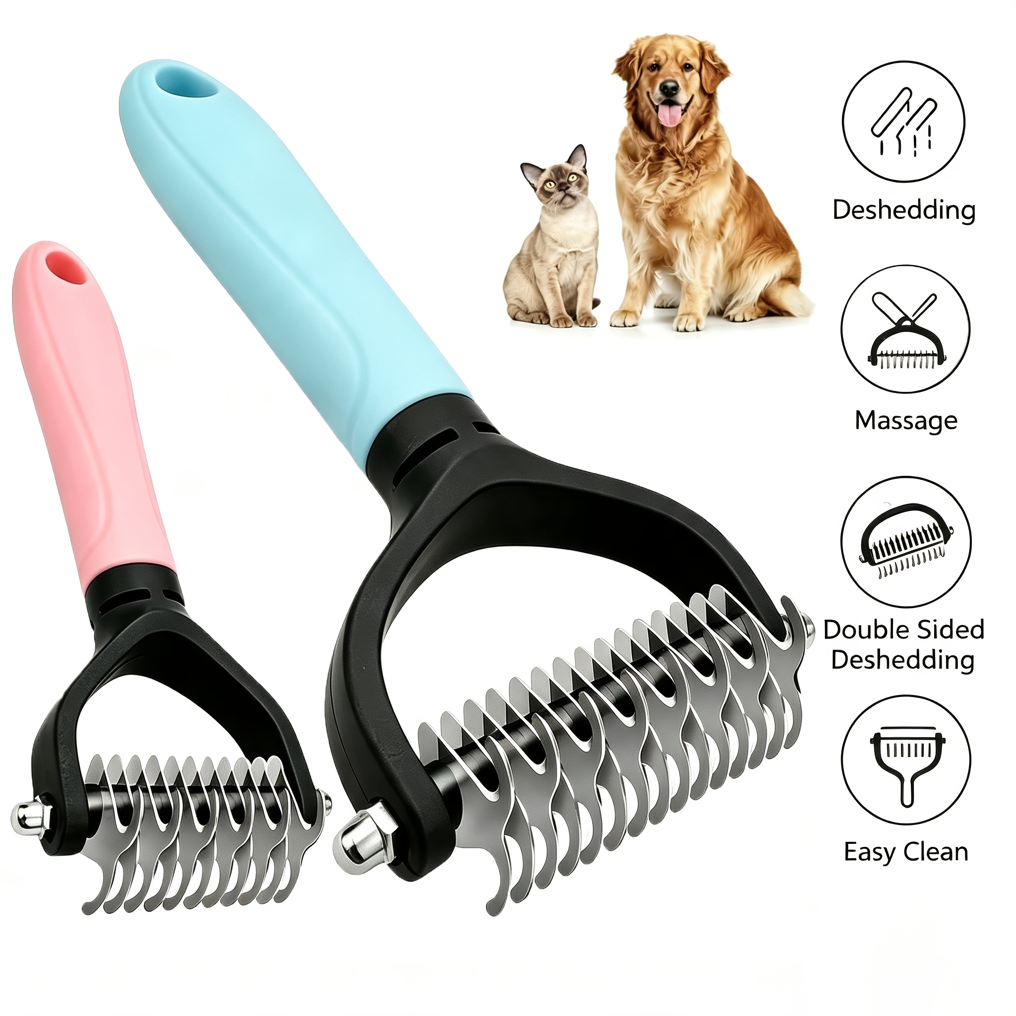 TEMU 2pcs Stainless Steel Pet Detangling Comb, Double-sided Undercoat Grooming Tool - Anti-knotting Hair Removal Comb, Suitable For Long/short/curly