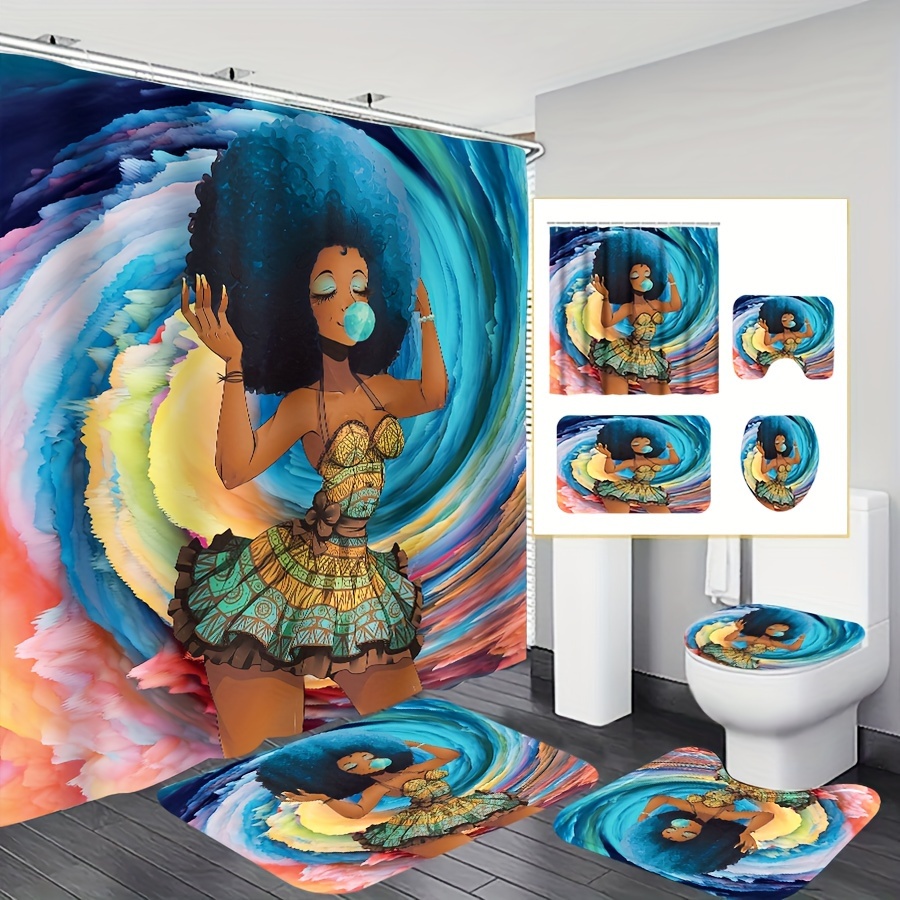 

1/4pcs Girl Printed Set, Waterproof With 12 Hooks, Non-slip Rug, Toilet Lid Cover Pad And U-shaped Mat, Bathroom Accessories, Modern Home Bathroom Decor