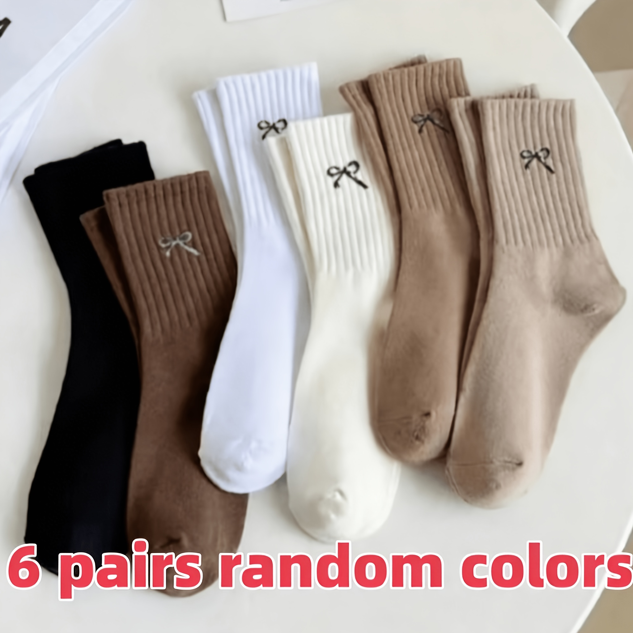 TEMU Random 6-pair Gentle Milk Coffee Bow Mid-calf Socks For Women, Spring/autumn Vertical Ribbed Slouch Socks, Soft And -friendly, Simple Ins-style,