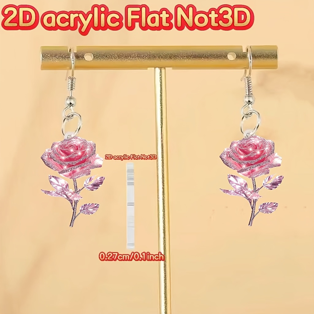 Women's 2D Flat Pink Rose Pattern Dangle Earrings