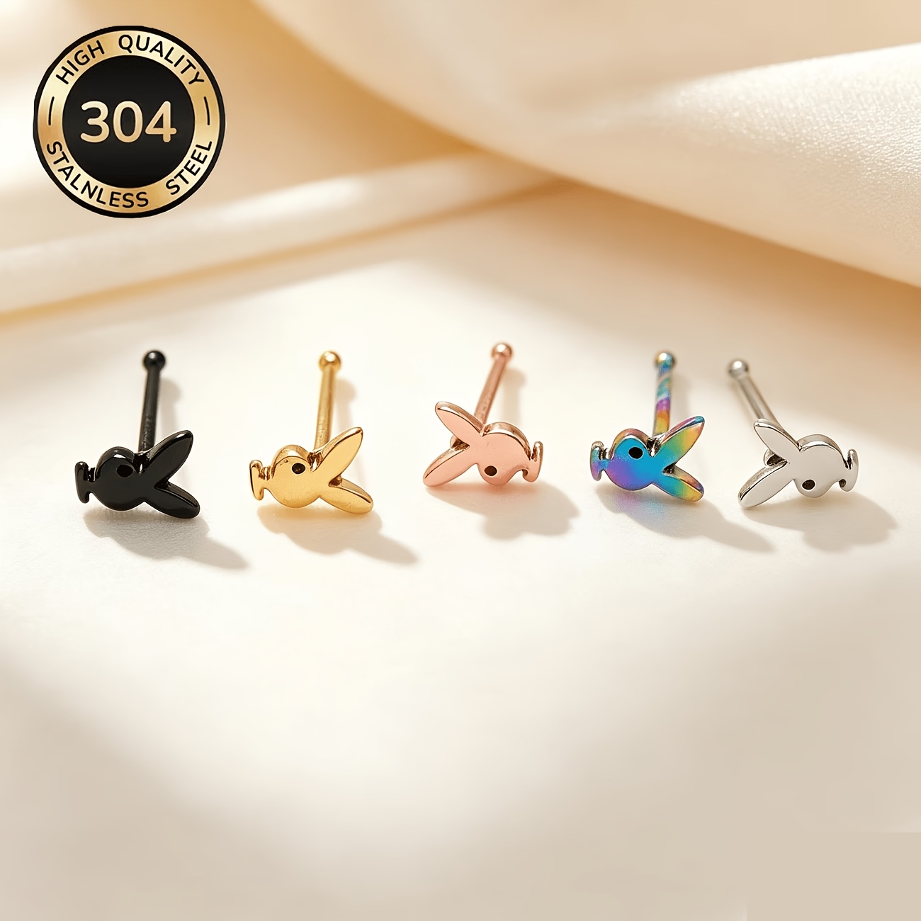 TEMU Juego de 5 piezas de pendientes de acero inoxidable 304 multicolor con punta de nariz de , pendientes pequeños de animal estilo europeo y