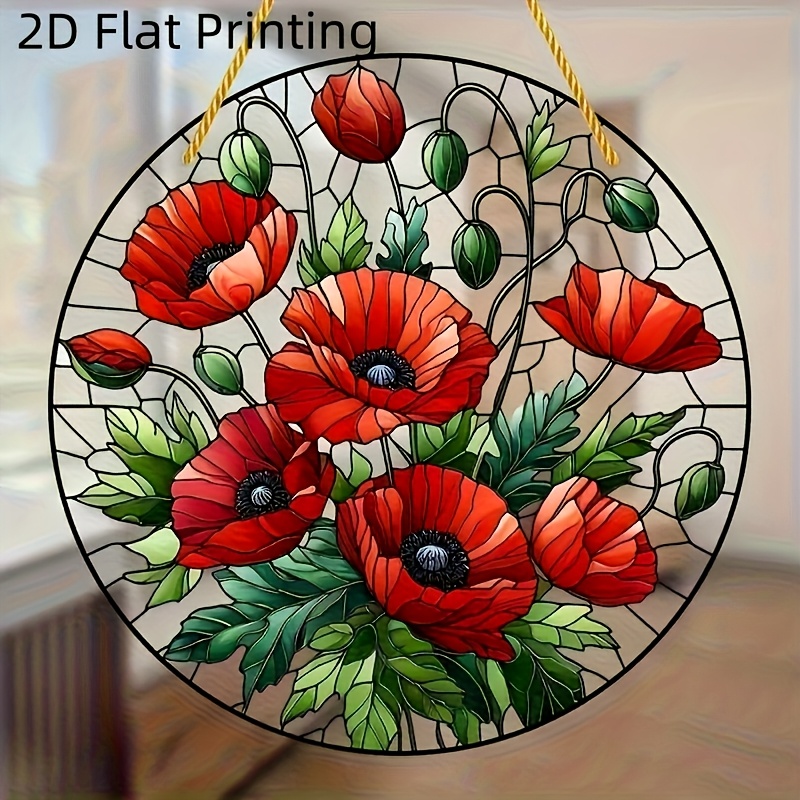 E-shop 2D Flach, 2D Flacher Druck 8-Zoll Acryl Hängeornament - Lebendiges Rotes Mohnblumen & Grüne Blätter Design, Runde Wanddekoration für