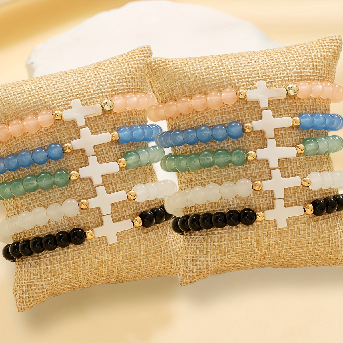 Image of 10pcs Elegant Glass Bead Bracelet Set, Stretch Wristband Jewelry For Daily Wear And Party Occasions