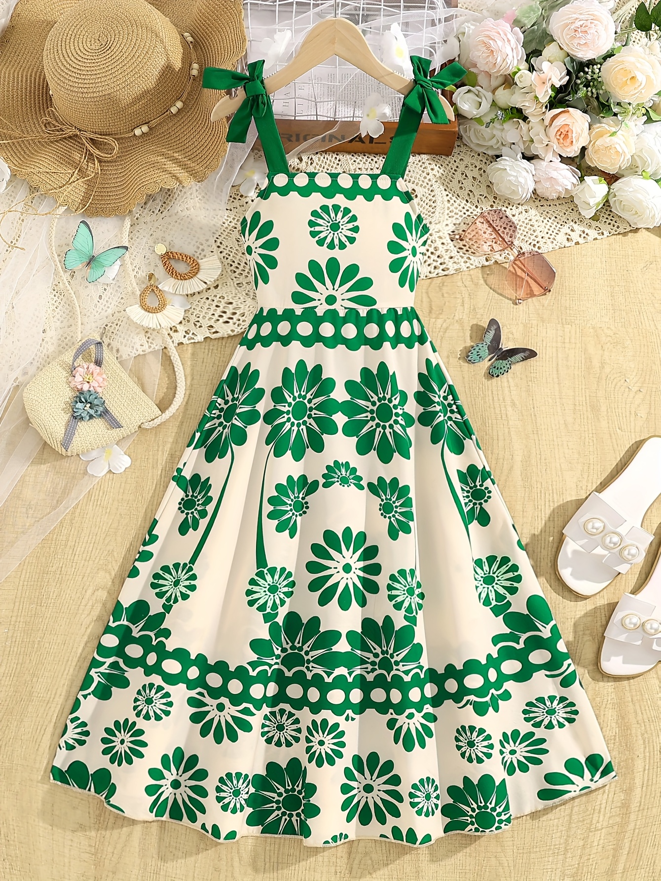 girls bohemian floral print long dress adjustable bow straps - Temu
