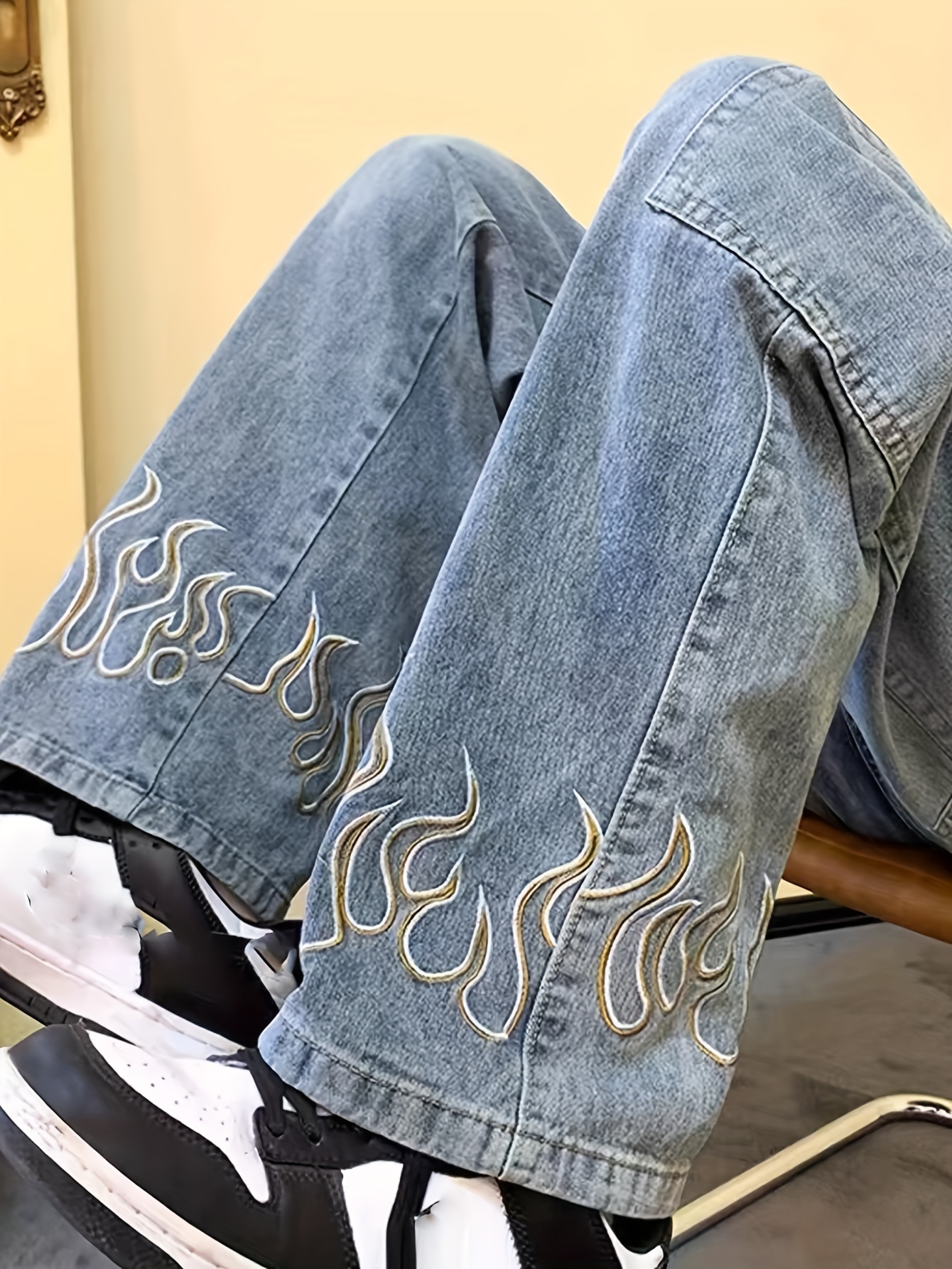 mens street style embroidered flame jeans straight wide leg Temu