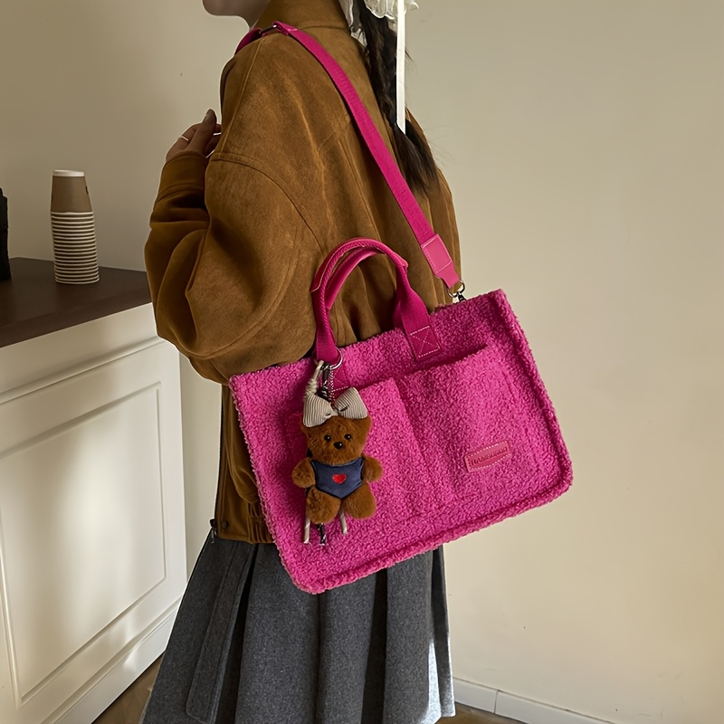 Image of Fashionable Women's Shoulder Bag, Fashionable Texture Tote Bag With Teddy Bear Pendant, Large Capacity Double Pocket Handheld Shoulder Bag, Versatile For Commuting, Shopping, Handbag