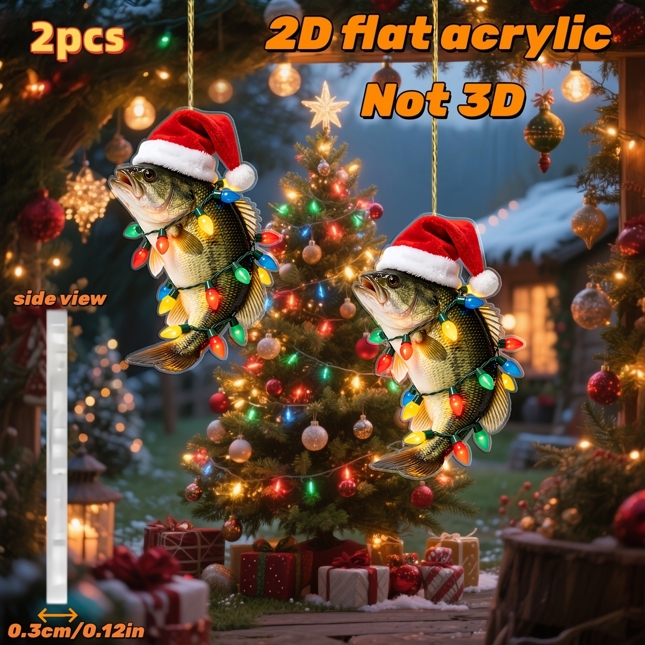 TEMU 2d Flat, 2pcs 2pcs Cute Fish Christmas Hanging Ornaments With Red Santa Hats & Colorful Ribbons - Acrylic Suitable For , Home Decor, Party