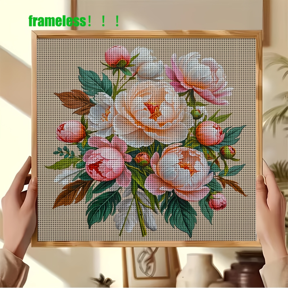 DIY Cross-Stitch Printed Kit, Peony Floral Bouquet Pattern