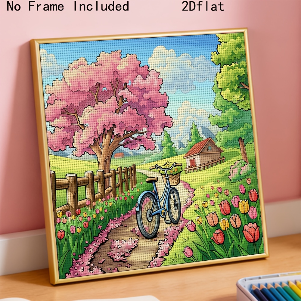 TEMU 1pc Complete Frameless Cross- Embroidery Kit Suitable For - Diy Handmade Art With "bicycle Countryside" 2d Pattern, Multicolor Set, Pre-printed