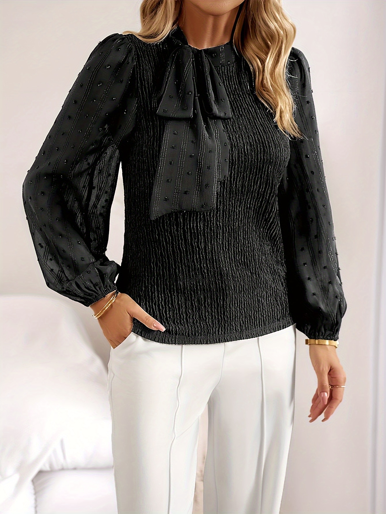 Elegant Bow Tie Neck Blouses V neck Casual Long Sleeve - Temu Canada