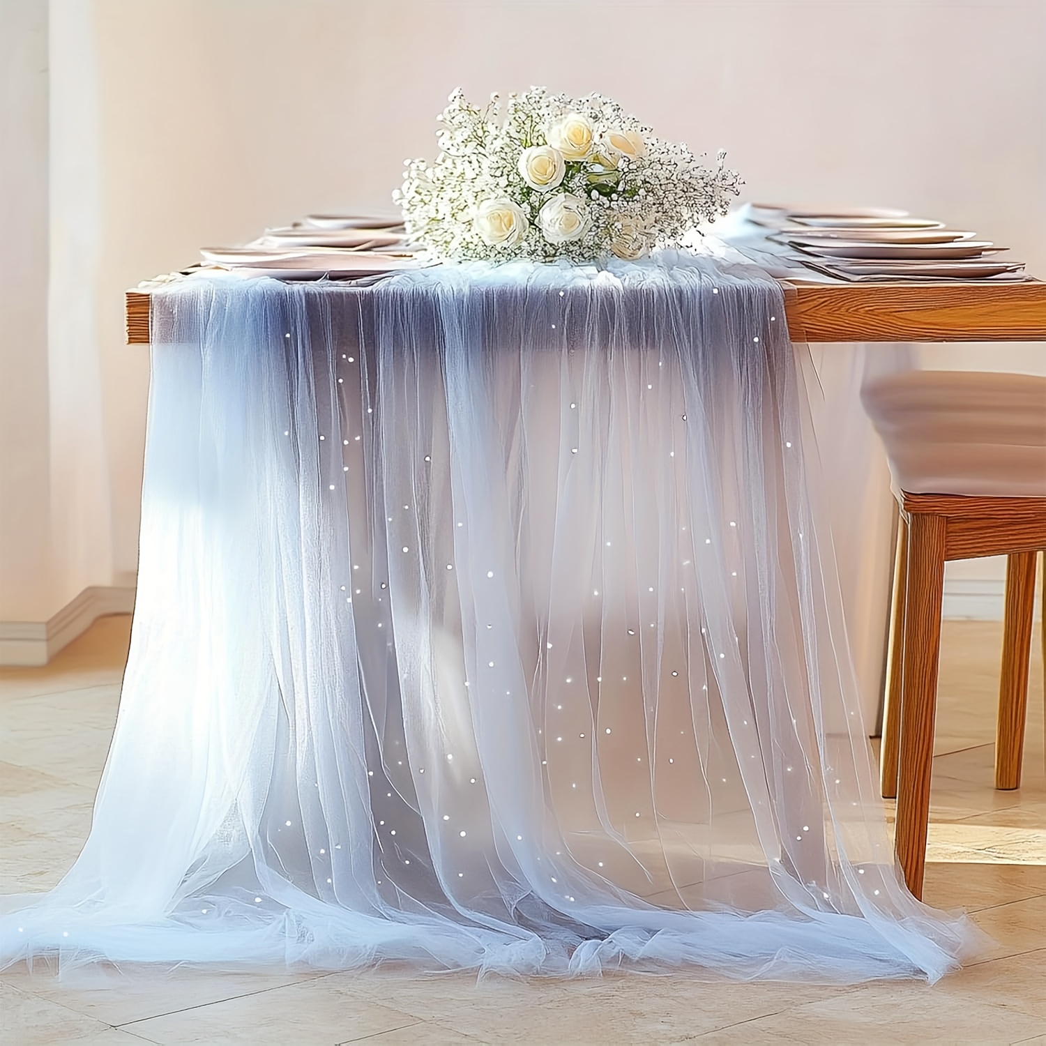 Image of 10-foot Pearl Table Runner Made Of Sheer Tulle Fabric, Lace Tablecloth, And Chiffon For , Bridal Showers, Birthday Parties, Dessert Arches, And Veil Decorations In Light Blue (63x120 Inches)
