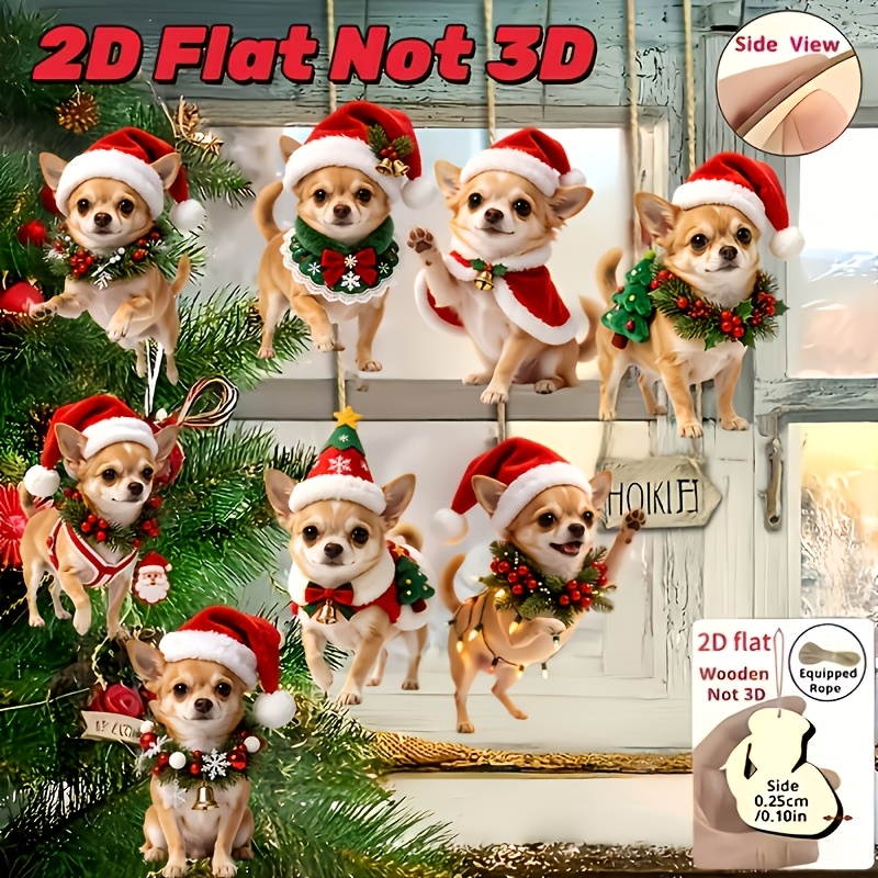 TEMU 2d Flat, 8pcs Small And Cute Chihuahua Wooden Christmas Ornament Hangings, Suitable For Hanging Decorations In Scenes, Holiday Atmosphere Decor