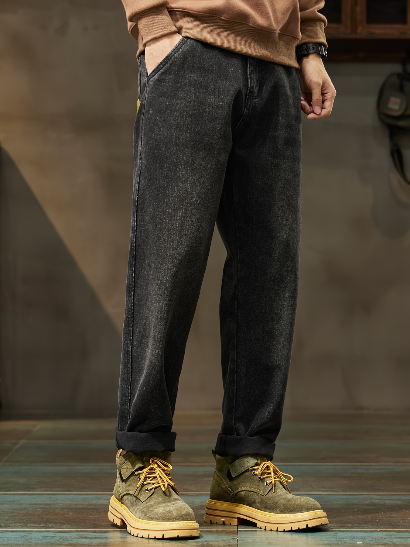 Men's High-Waist Loose Fit Black Denim Jeans - Straight Leg, Casual Street Style, Comfortable & Versatile for Casual Attire, Straight Leg Jeans, Highwaisted Pants, Trendy Streetwear, Washed Texture Denim, Solid Color Design
