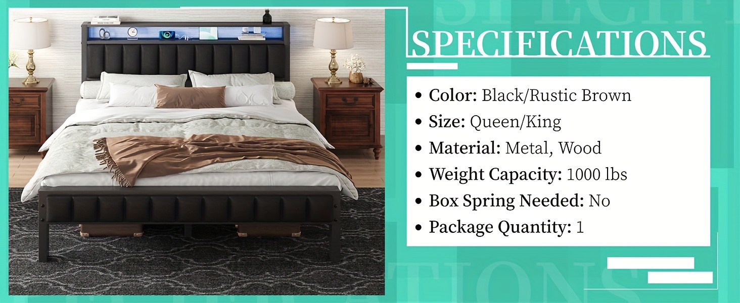 Platform Bed with LED Lights, Featuring a Faux Leather Headboard, Built-In Charging Station, And Two Levels of Storage. No Box Spring Required And Operates Quietly.