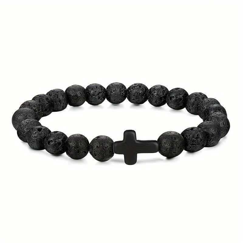 Personalized Cross Fashion Men's Bracelet Natural Tiger Eye Stone Elastic Rope Beaded Bracelet For , Family, Holiday, Birthday Gifts
