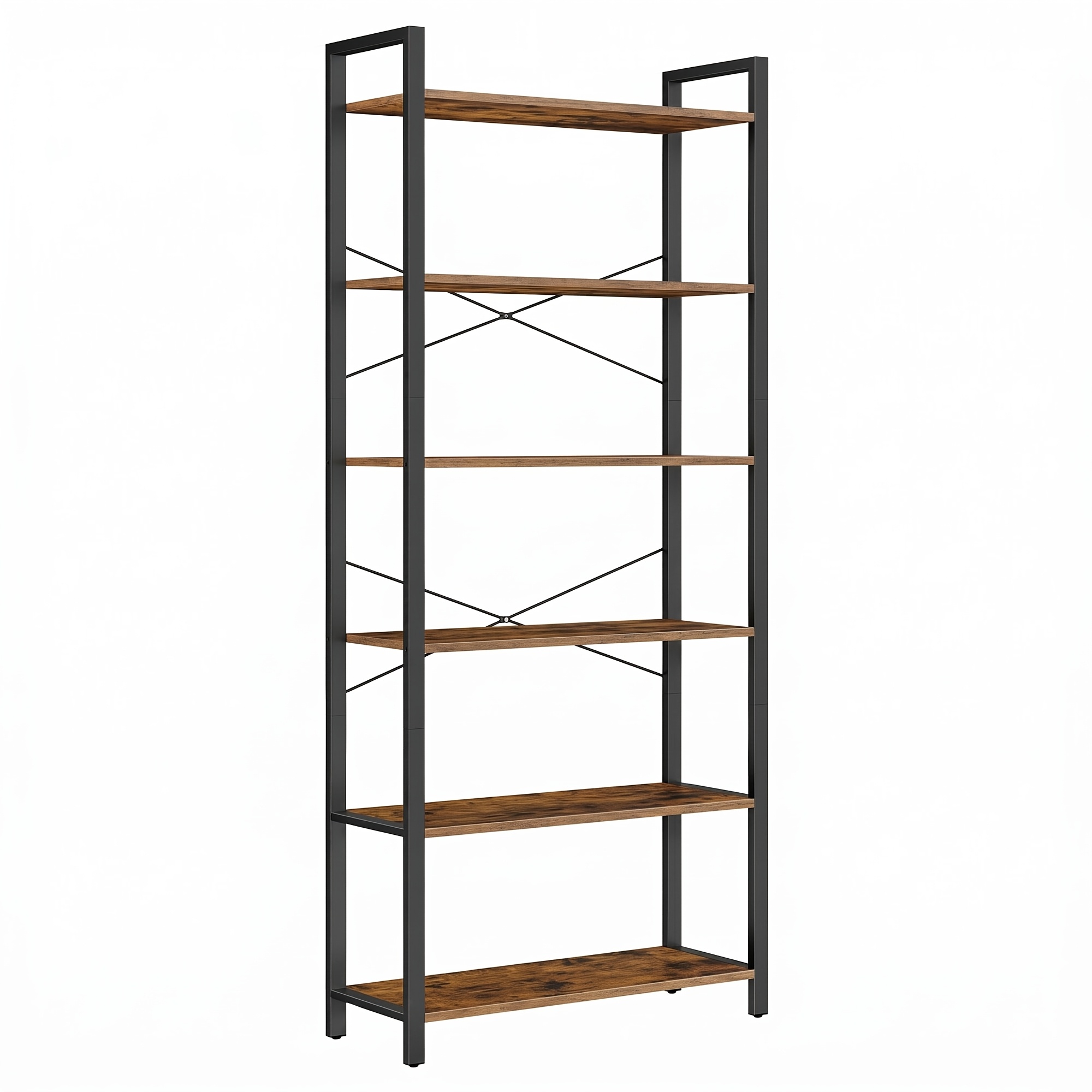 Image of 6-tier Bookshelf With Wood & Frame - Modern Narrow Shelving Unit Suitable For Office, Bookcase Freestanding Furniture, Rustic Brown/wheat Brown Shelves, Assembly, Space- For Narrow Spaces (assembly)