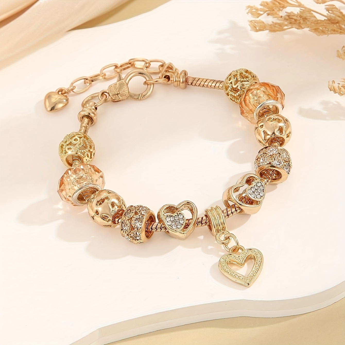 TEMU Charm Bracelet For Women, 1pc, Fashionable Vintage-inspired, Golden With Multicolor Accents, Rhinestone Heart Charms, Lobster Clasp, Snake Chain