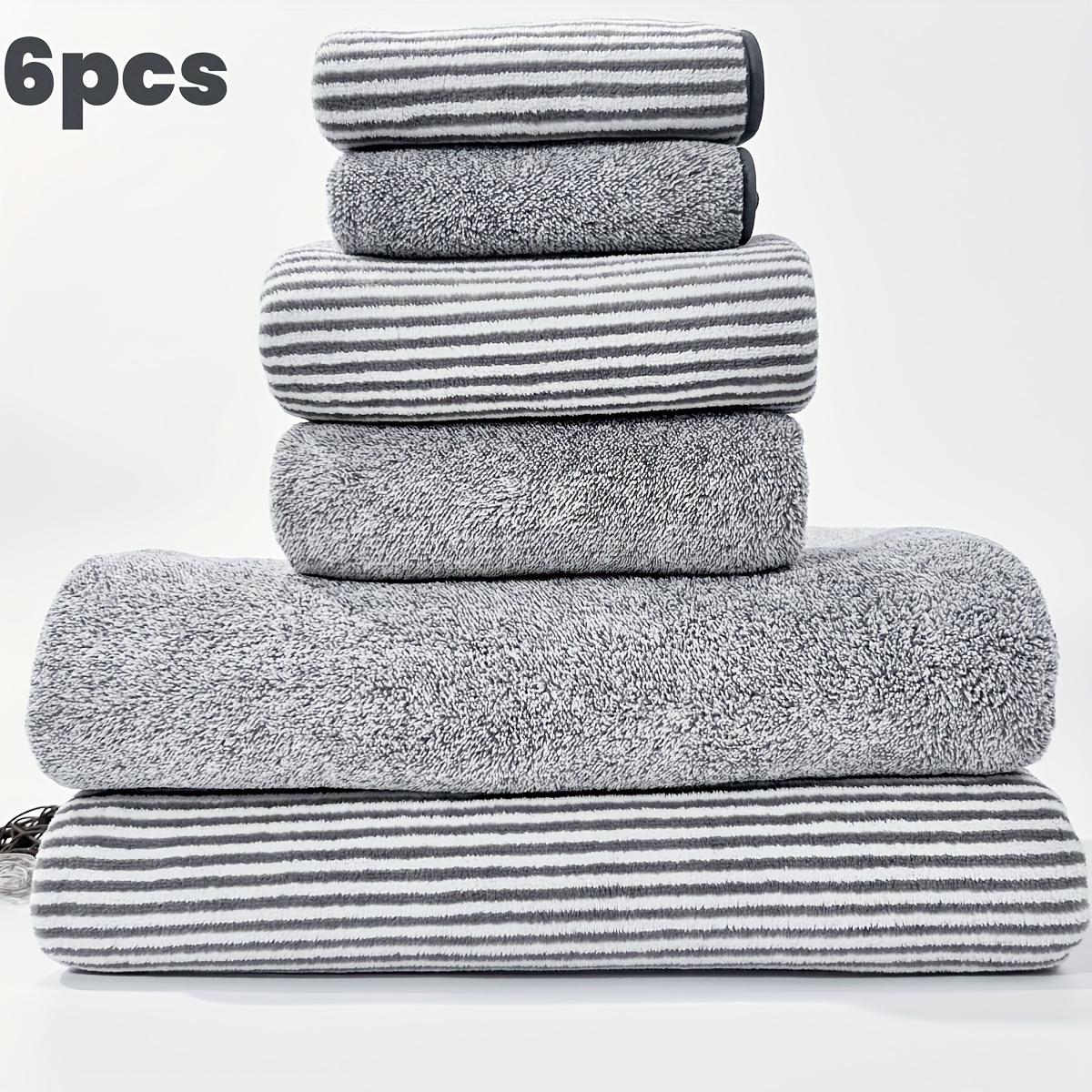 

6pcs Ultra-absorbent Quick-dry Microfiber Bath And Bath Towel Set - , Gray Striped Design