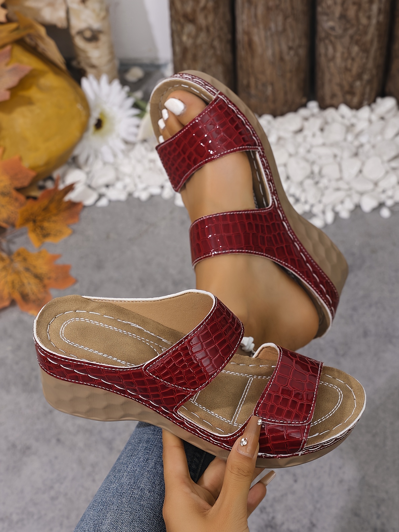 womens summer wedge sandals open toe high heel with adjustable hook and loop closure textured pu cover upper durable pu   size casual   for women textured strap design durable sole shoes Product details 23