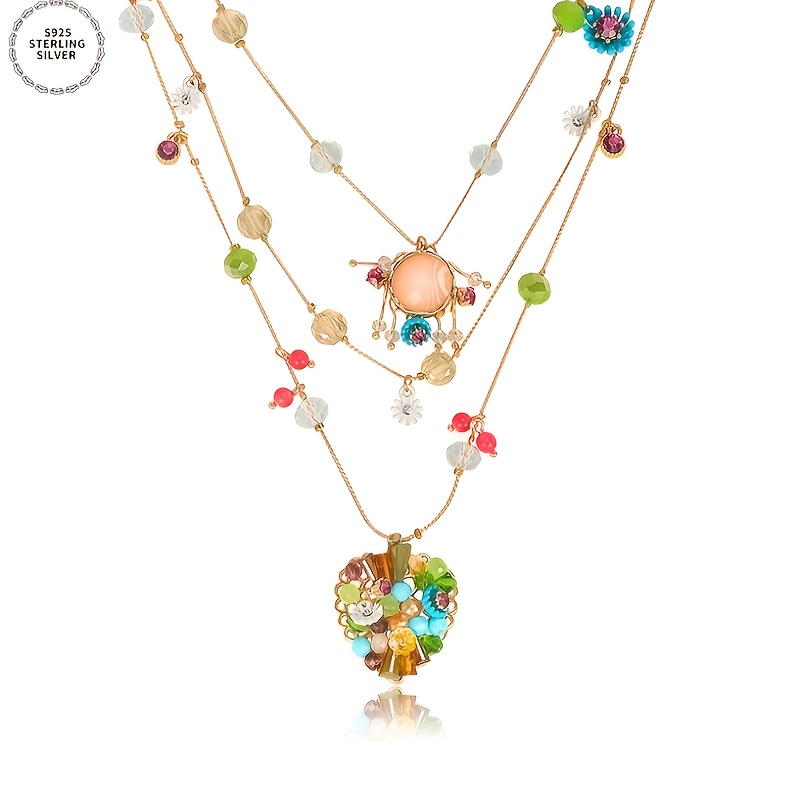 TEMU 925 Sterling Silvery, Pure Handmade Layered Necklace, Love Beaded Necklace, Pendant Inlaid With Natural Stone, Gem,,,, Free Gift Box