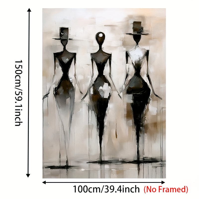 TEMU 2d Flat, 2d/flat 1pc Three-figure Art Painting, Black And White Abstract Canvas Wall Decor, Large-scale Print, Frameless Home Artwork For Living