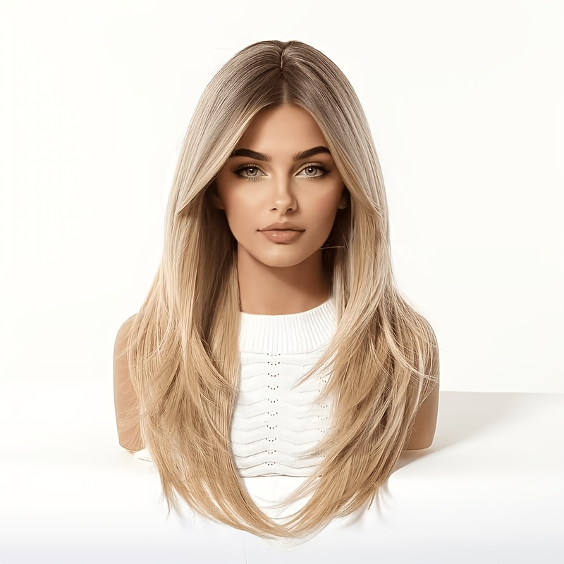 TEMU 22-inch Gradient Blonde And Brown Layered Wig With French Curtain Bangs, Dark Transitioning To Light On Top, Natural Looking Middle Part,