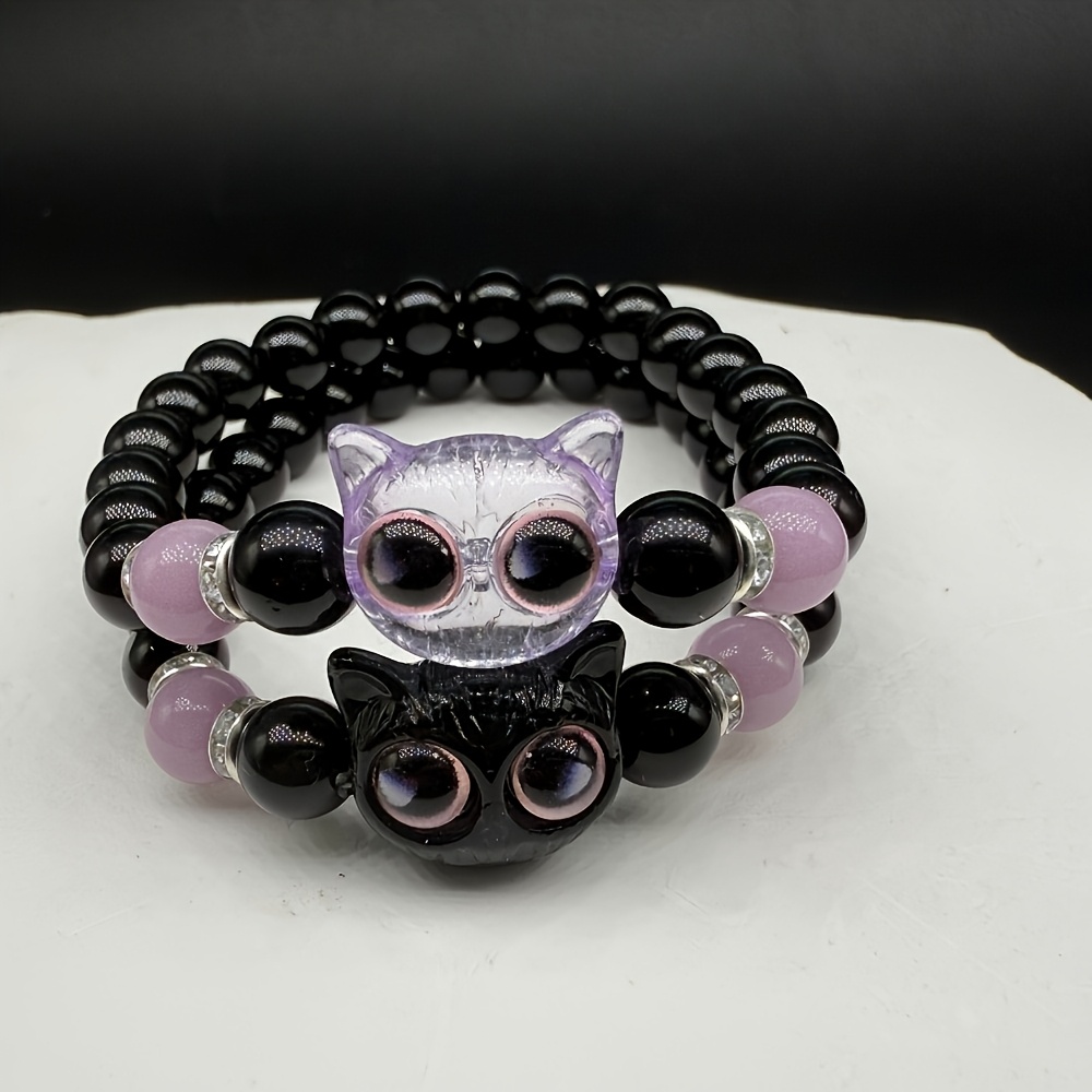 E-shop 2er-Set Leuchtendes Katzen-Perlenarmband - Verstellbares Vintage-Schmuckset für Paare/Freundschaft mit schwarzen elastischen Perlen, perfekte