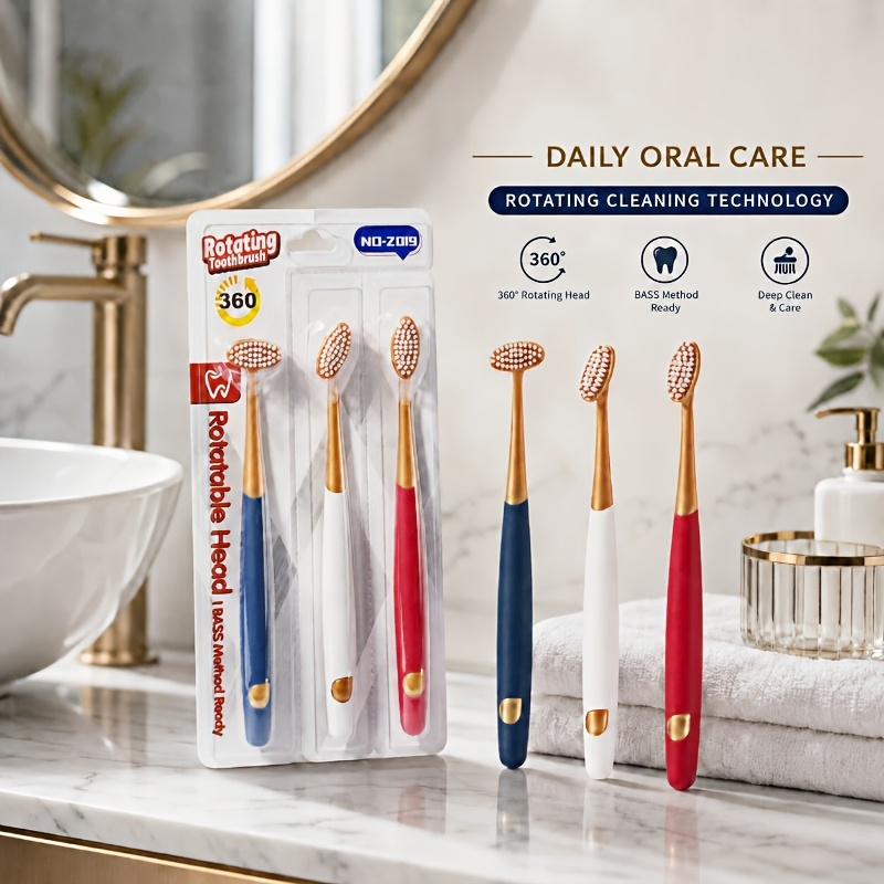 3pcs Rotating Head Manual Toothbrush Set with Gold-Tone Handle