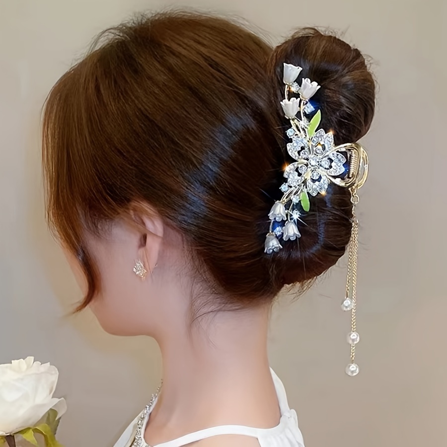 

Elegant Flower & Butterfly Tassel Hair Claw - Large Zinc Alloy Pearl Hair Accessory For Women