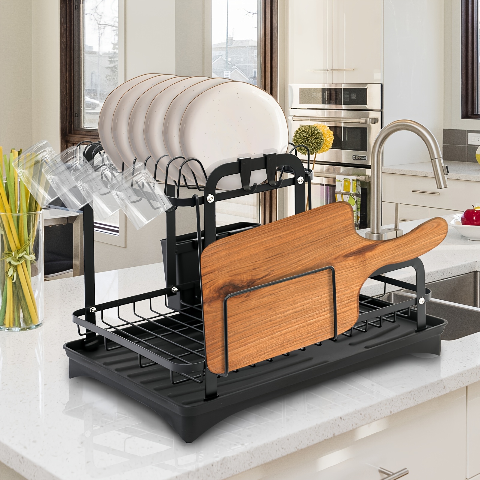 TEMU 1pc Of A Large Two-tier Metal Dish Drying Rack With A Drainage Board, Cup Holder, Utensil Holder, And An Drying Mat, Designed For Kitchen Countertops, In Black And White