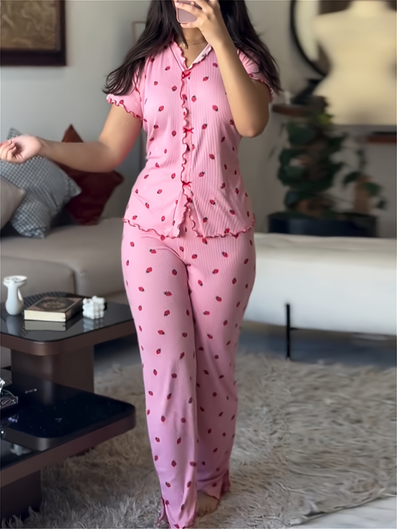 25AW Home Wear Trend 2pcs Strawberry Print Stand Collar Short Sleeve T-Shirt and Pants Pajama Set