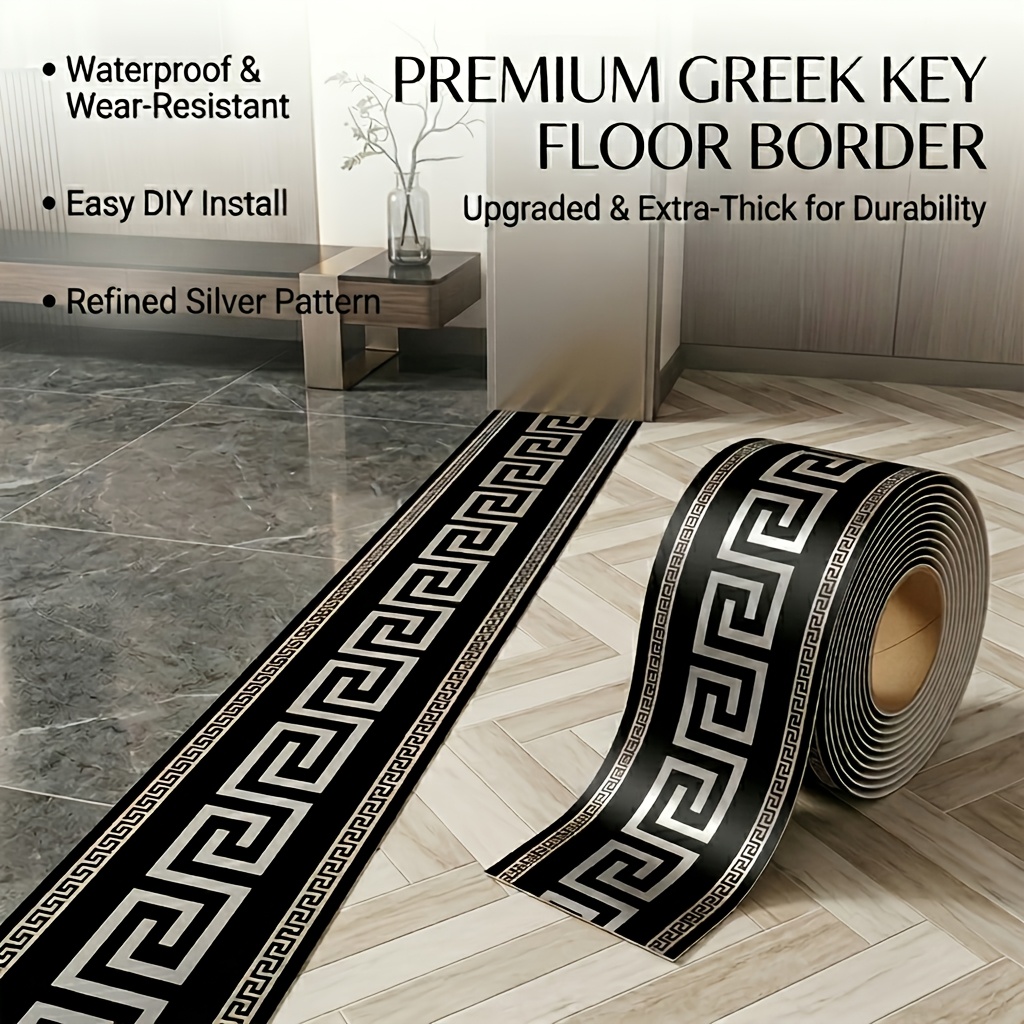 TEMU Moldura y de piso Premium con diseño de llaves griegas, metálico dorado plateado, autoadhesivo, impermeable y resistente al , 2.1 mm de grosor,