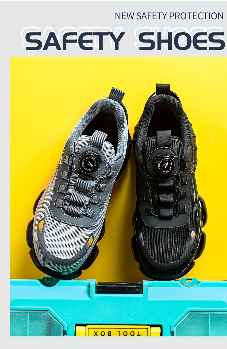 Men's Anti-Smashing Anti-Puncture Safety Work Shoes - Breathable Lace-Free Elastic Closure, Soft PU Sole with Metal Toe Cap, Retro Striped Design for Hiking, Outdoor & Daily Wear, Hiking Boots