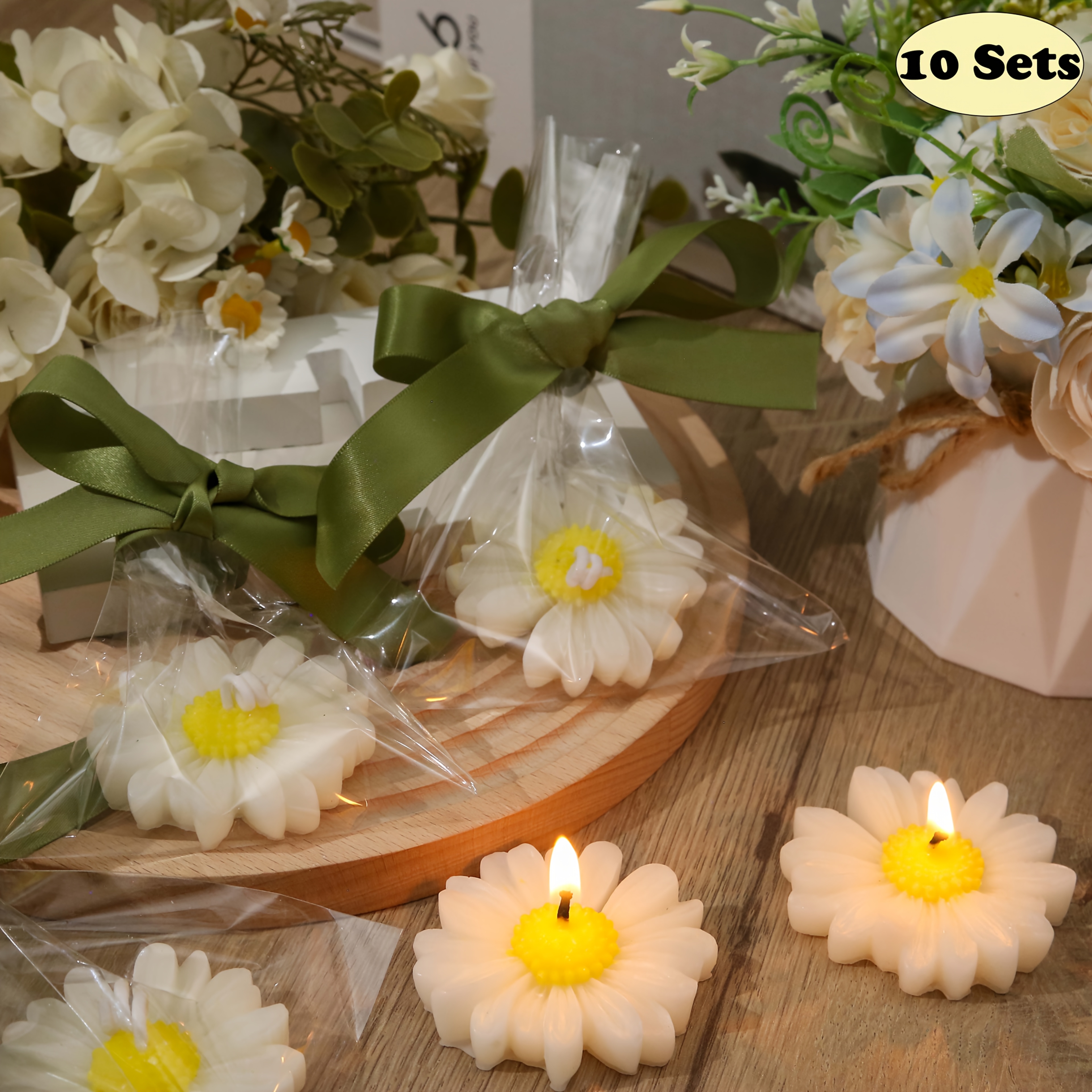 Image of Candles 10sets White Daisies Flower Shape Tealight Candles With Green Ribbon And Gift Bags For Wedding Souvenir Gift Wedding Anniversary Home Decor Decoration Mini Candles Party Favors