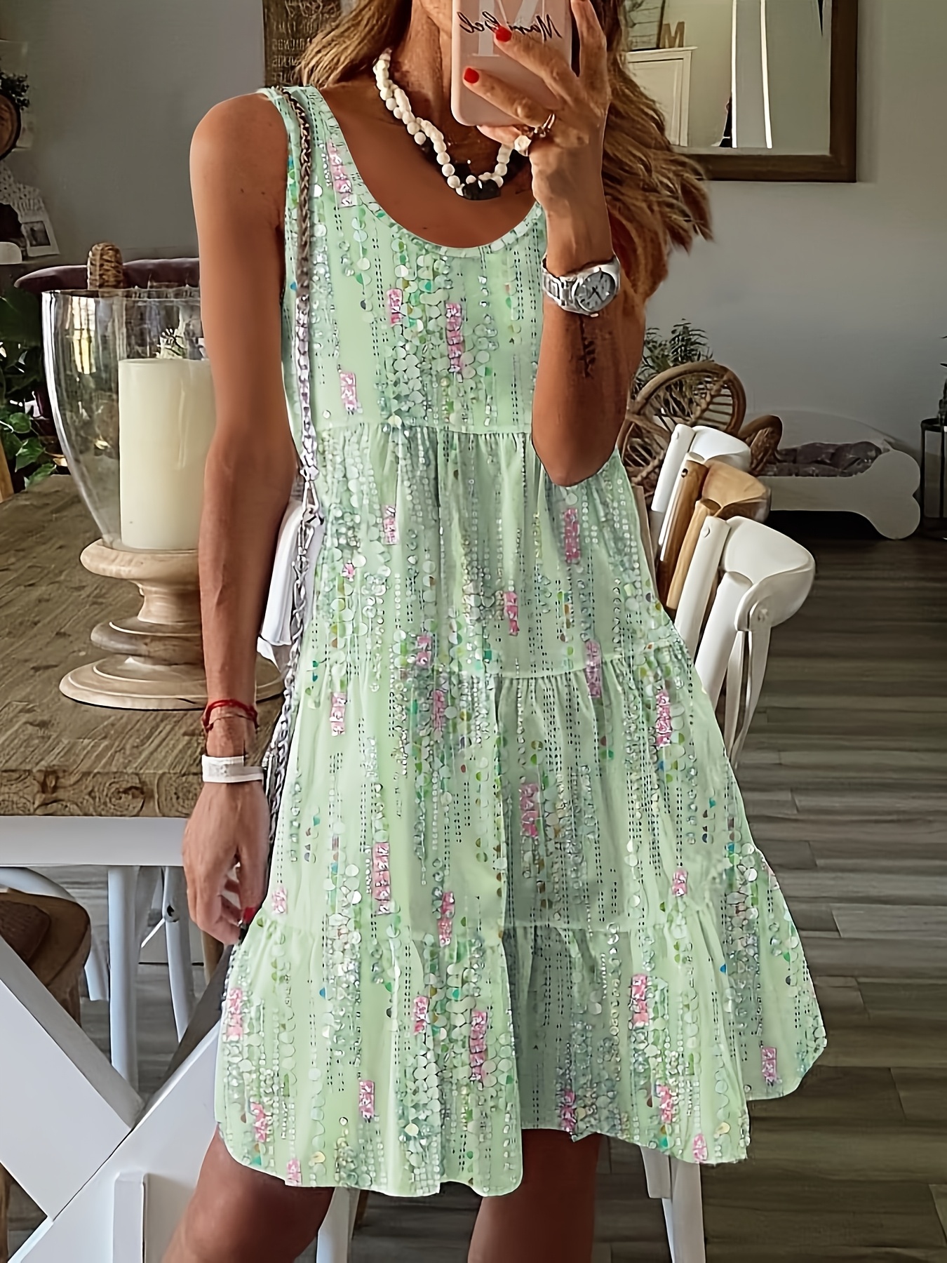 bohemian sleeveless multi layer cake skirt dress floral print pleated loose fit casual dress lightweight style for spring summer and autumn