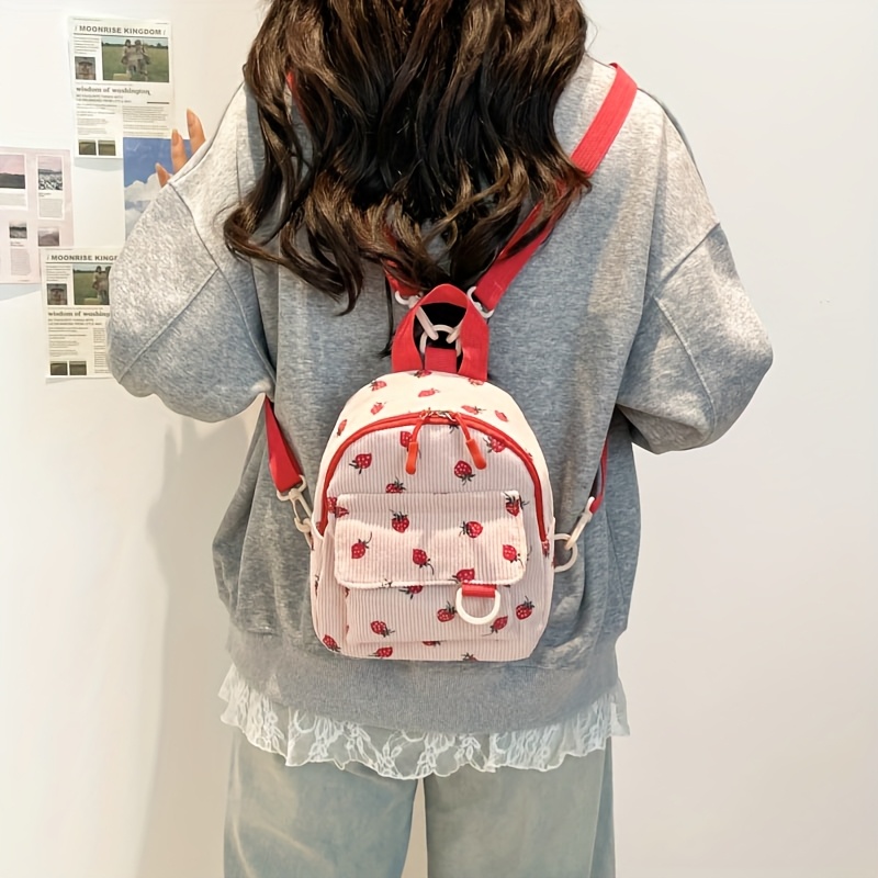 Kawaii White Corduroy Mini Backpack With Red Strawberry Print_voghion.com