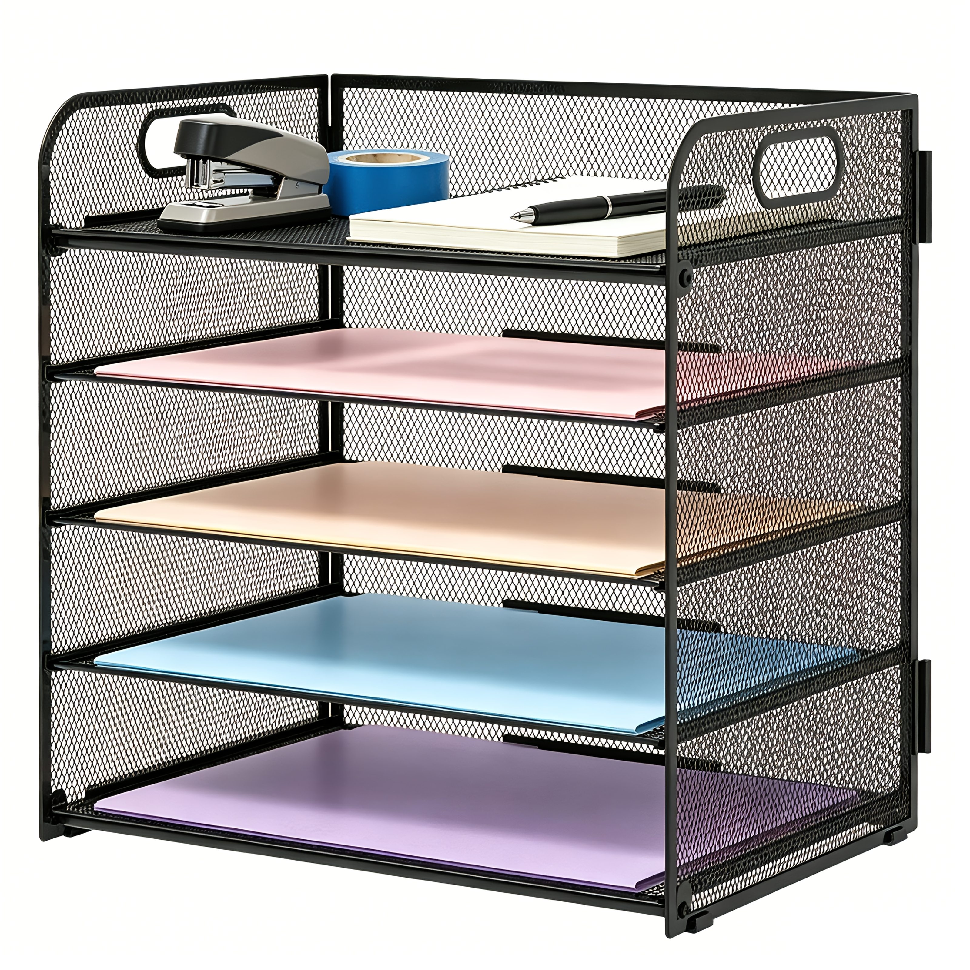 TEMU 5 Tier Paper Organizer Letter Tray With Handle, Black Metal Mesh Desk File Organizer, Desktop Document Sorter For Office